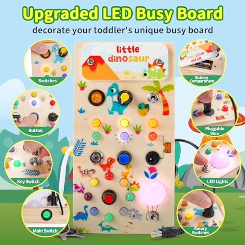 Toddler Montessori Busy Board for 1+ Year Old Boy Girl, Sensory Activity Toys with 9 LED Light Switches Travel Toys for 1 2 3 4 Year Old, 2st Birthday for Toddler