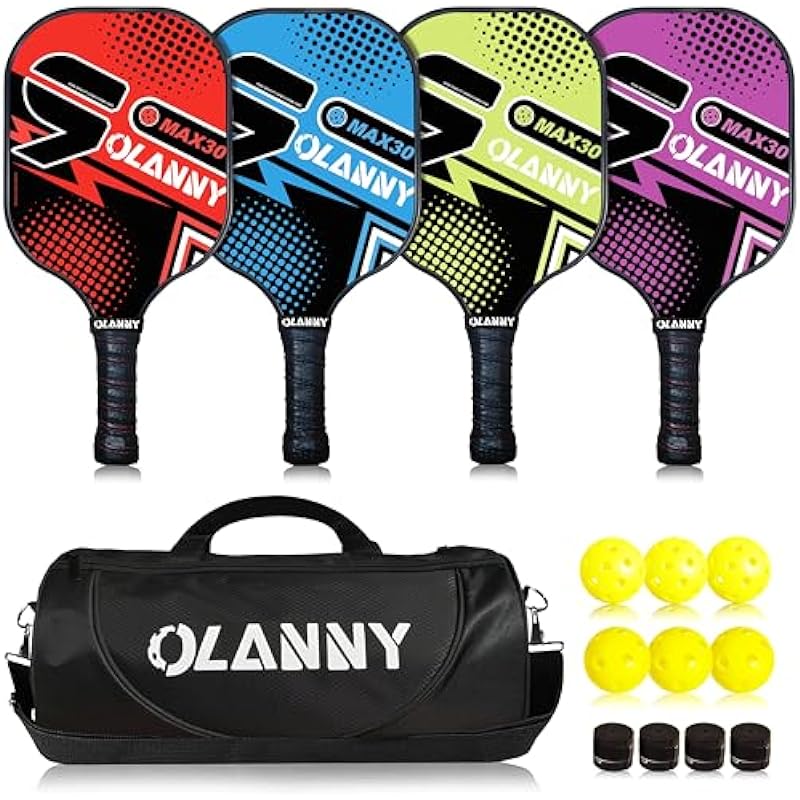 OLANNY Graphite Pickleball Paddles 4 Pack – Premium Rackets Fiber Face & Polymer Honeycomb Core Pickleball Set Includes 4 Pickleball Paddles + Pickleball Balls+ 4 Replacement Soft Grip + 1 Bag