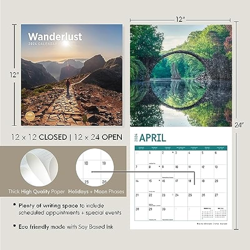 2024 Wanderlust Monthly Wall Calendar by Bright Day, 12 x 12 Inch