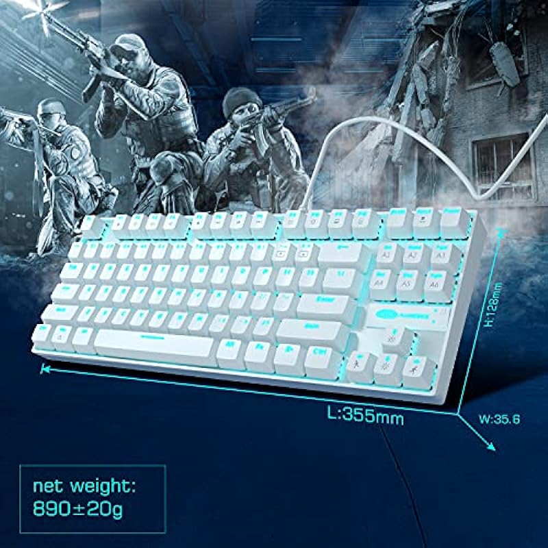 White Mechanical Gaming Keyboard, MageGee MK-Star LED Backlit Keyboard Compact 87 Keys TKL Wired Computer Keyboard with Blue Switches for Windows Laptop Gaming PC