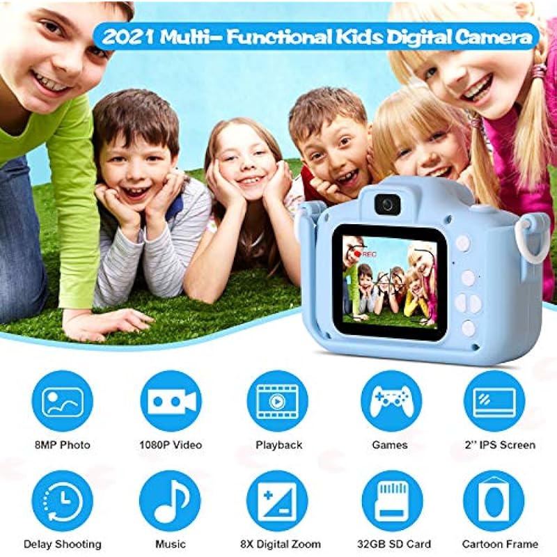 Kids Camera, 20.0MP Digital Dual Camera for Boys and Girls, Kids Silicone Shockproof Selfie Camera, Video Camera Camcorder with 2.0 Inch IPS Screen, 32GB SD Card, for Kids, Dog Blue