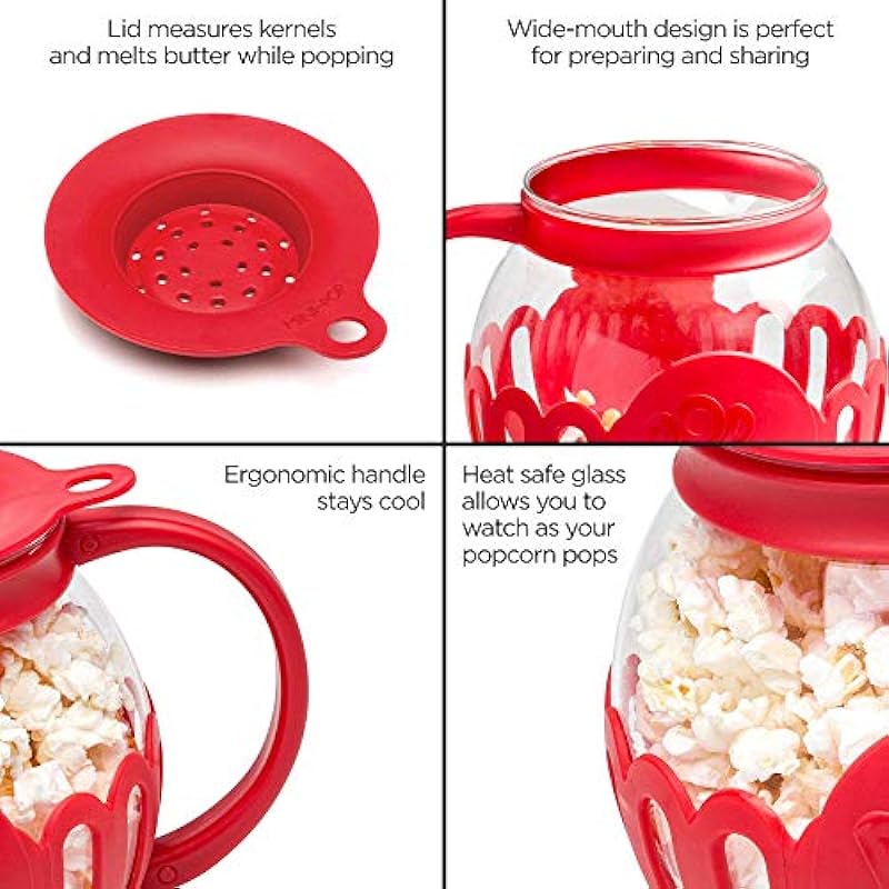 Ecolution Patented Micro-Pop Microwave Popcorn Popper with Temperature Safe Glass, 3-in-1 Lid Measures Kernels and Melts Butter, Made Without BPA, Dishwasher Safe, 1.5-Quart, Red