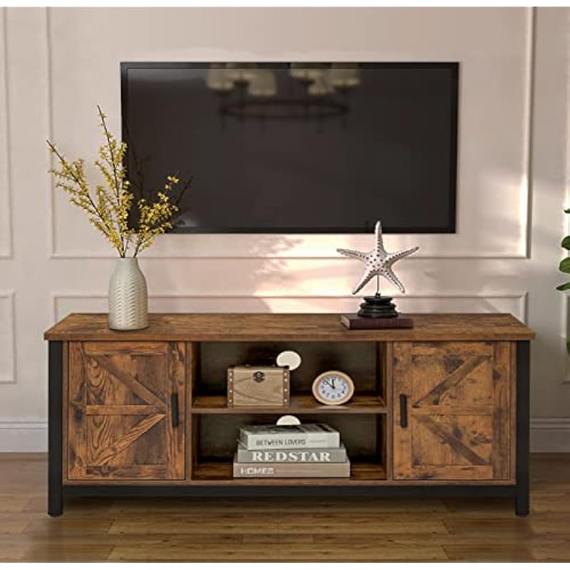 WEENFON TV Stand for 55 Inch TV, TV Stand with Storage Barn Doors, TV Console for Living Room, Entertainment Center,Rustic Brown CWFTS03F