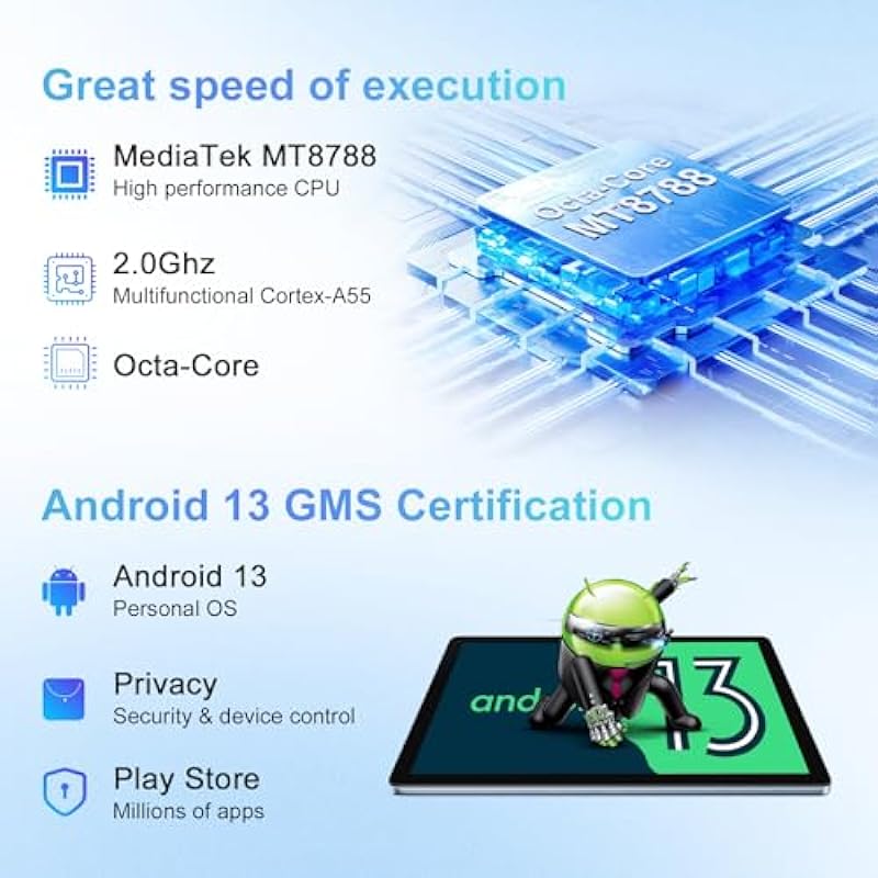 Blackview Android 13 Tablet with 256GB Storage 10 inch Tablet 16GB RAM Octa-Core Processor PC Tablet 5G WiFi Dual Camera 13MP 7680mAh BT 5.0 Blue
