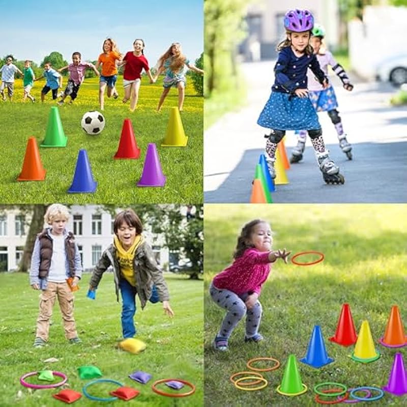 Eocolz 3 in 1 Carnival Games Set, Soft Plastic Cones Bean Bags Ring Toss Games for Kids Birthday Party Outdoor Games Supplies 32 Piece Combo Set
