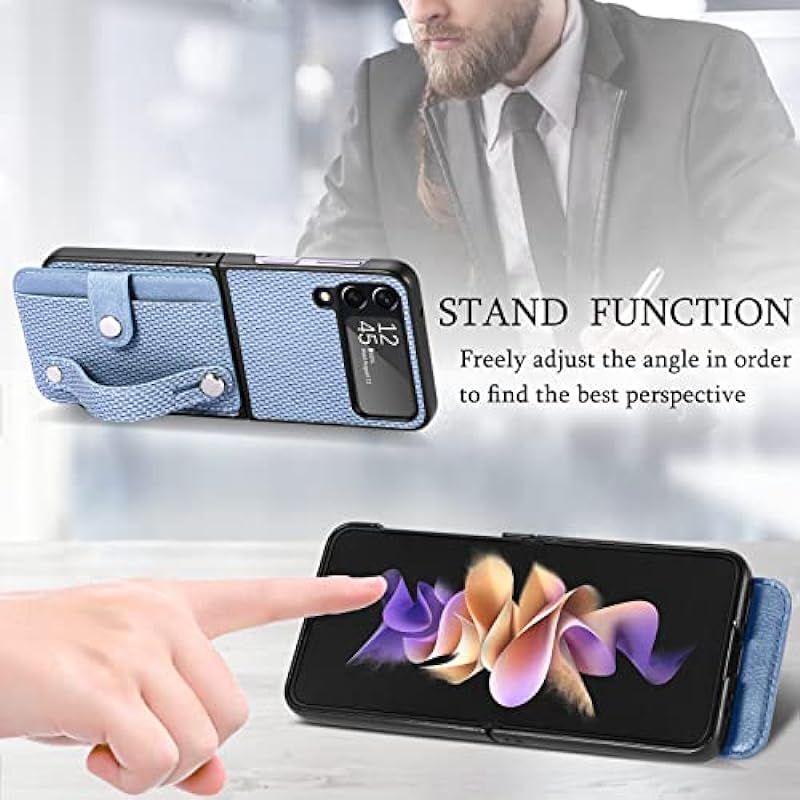 Asuwish Phone Case for Samsung Galaxy Z Flip 4 5G 2022 and Cell Accessories with Wrist Strap Credit Card Holder Slot Stand Kickstand Protective Slim Gaxaly ZFlip4 Z4 Flip4 4Z Flip4case Women Men Blue