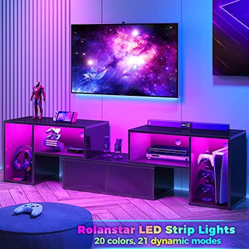 Rolanstar TV Stand, Deformable TV Stand with LED Strip & Power Outlets, Modern Entertainment Center for 45/50/55/60/65/70 inch TVs, 3 Pieces TV Stand with Open Storage and 2 Storage Cabinet, Black