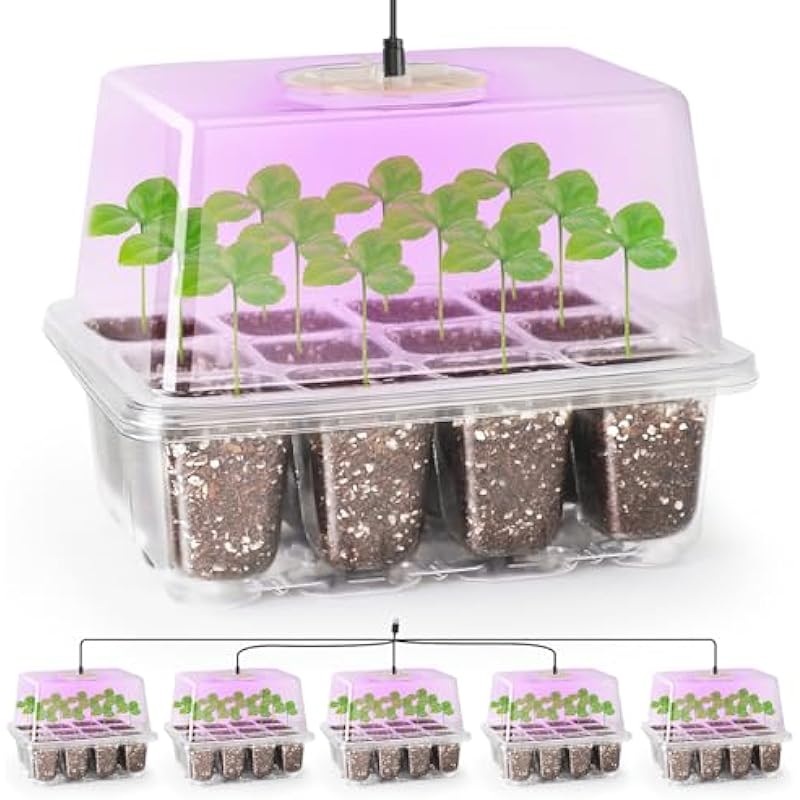 Bonviee 5 Packs Seed Starter Kit with Grow Light，Seed Starter Tray Tall with 3 inch Lids，with Adjustable Humidity Dome，for Base Mini Greenhouse Germination Kit(12 Cells per Seedling Tray)