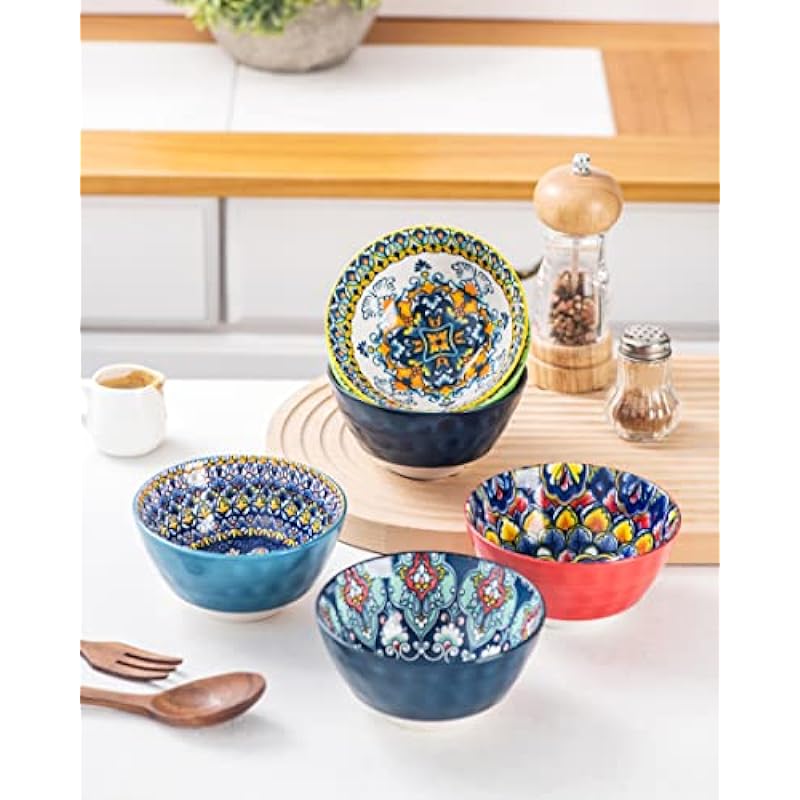 HENXFEN LEAD Ceramic Snack, Dessert Bowls Set of 6-12 Oz Colorful Small Bowl Set for Ice Cream, Nut, Condiment – Porcelain Side Dish Bowls for Dipping, Salsa – Bohemian Style