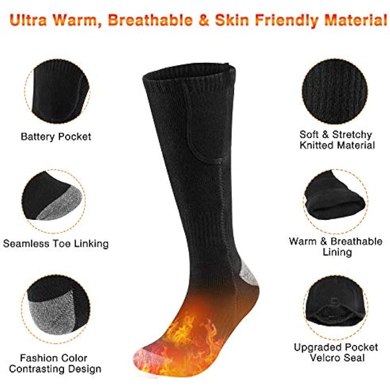 Heated Socks, Double-Sided Heated Electric Socks Camping Foot Warmer 3-Gear Thermal Battery Socks, Rechargeable Winter Heating Cotton Socks for Outdoor Sports, Breathable Climbing Hiking Skiing Foot Boot Warm Socks Heater for Women Men