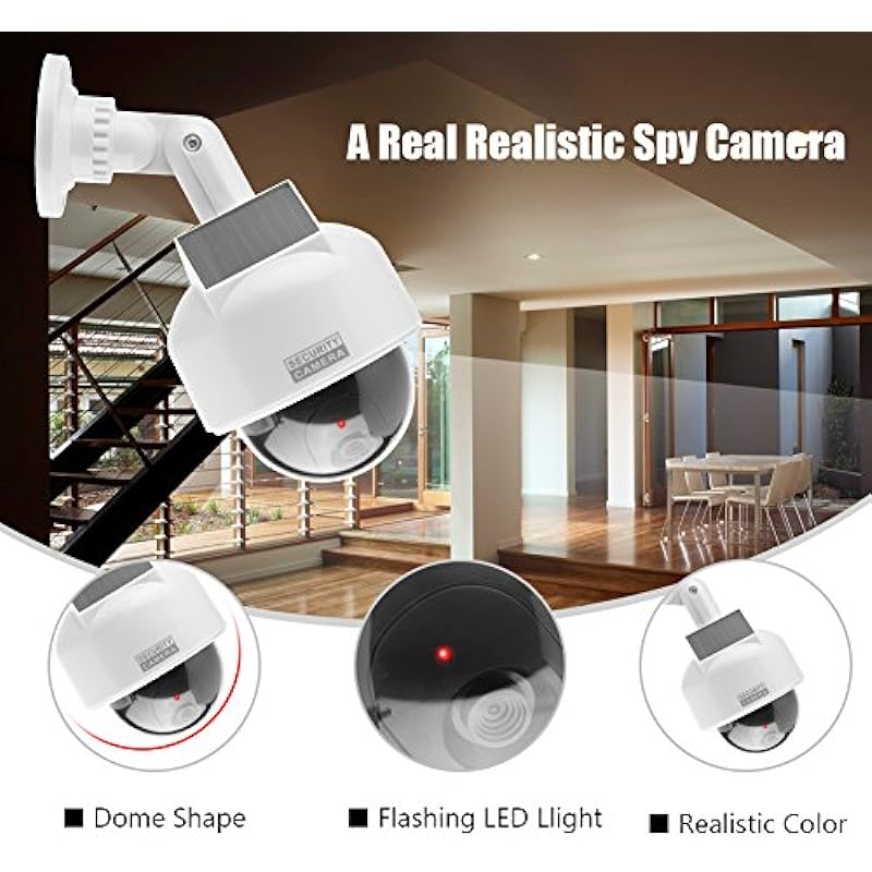Dummy Security Camera, Waterproof Realistic Dome Shape Solar Powerd Wireless Surveillance Fake Camera with IR LED Flashing Light for Home/Warehouse Indoor & Outdoor