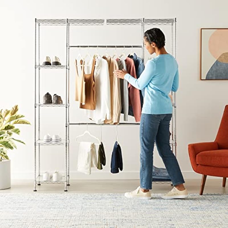 Amazon Basics Expandable Metal Hanging Storage Organizer Rack Wardrobe with Shelves, 14″-63″ x 58″-72″, Chrome
