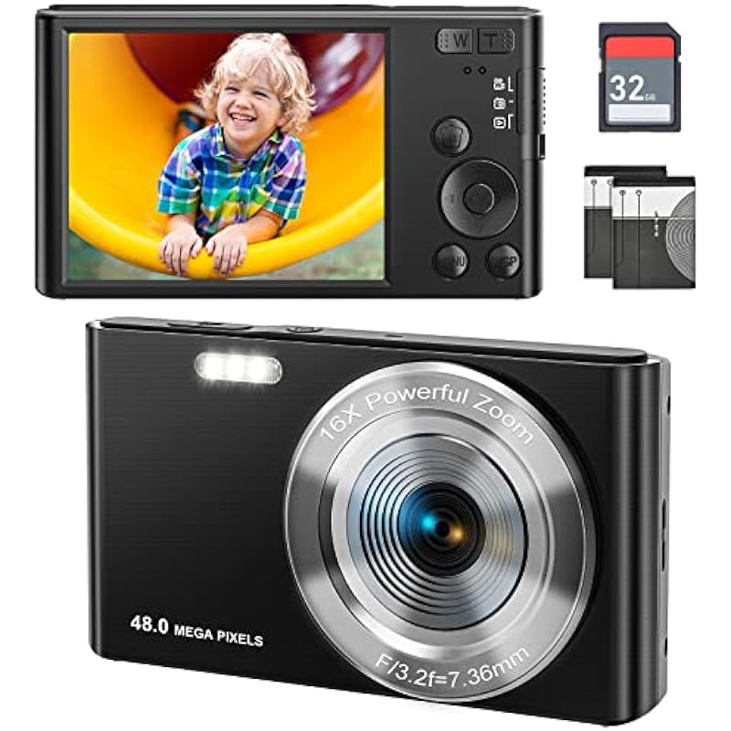 4K Digital Camera, 48MP Point and Shoot Camera for Kids, Teens, Beginners, 16X Digital Zoom, Auto Focus Vlogging Camera, 2.8 inch Screen, 2 Batteries, 32GB SD Card