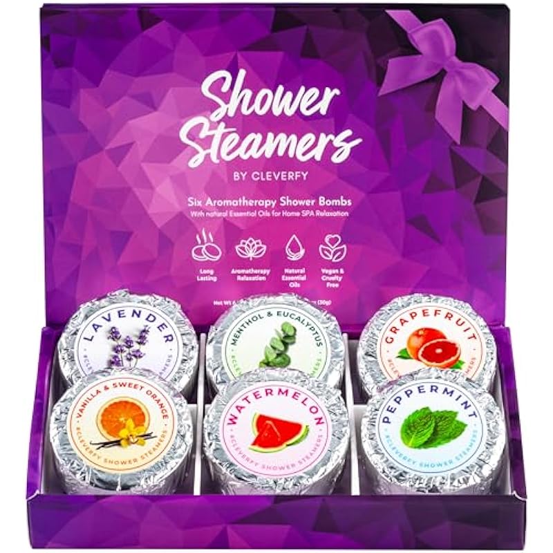 Cleverfy Shower Steamers Aromatherapy – Christmas Gifts for Teen Girls, Women and Men – Compact Variety Pack of 6 Shower Bombs with Essential Oils for Self Care, Relaxation and Home Spa. Purple Set