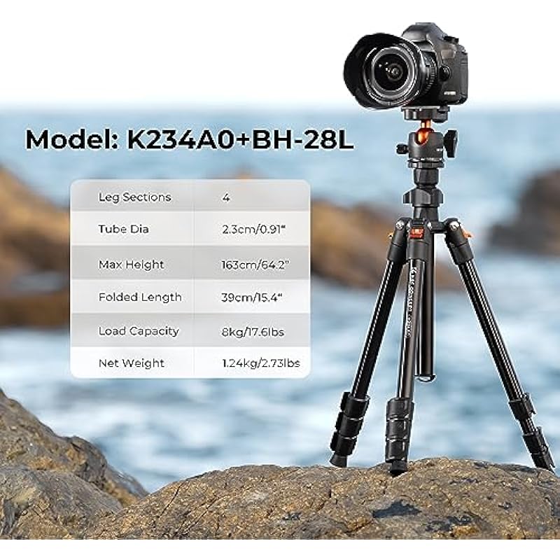 K&F Concept 64 inch/163cm Camera Tripod,Lightweight Aluminum Travel Outdoor Tripods with Metal Ball Head Load Capacity 8kg/17.6lbs,Quick Release Plate, for DSLR Cameras K234A0+BH-28L