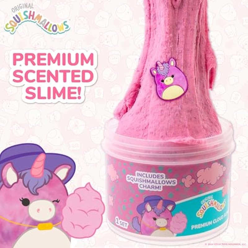 Original Squishmallows Lola The Unicorn Premium Scented Slime, Cotton Candy Scented, 8 oz. Fluffy Slime, 2 Fun Slime Add Ins, Pre-Made Slime for Kids, Great 6 Year Old Toys, Super Soft Slime Toy