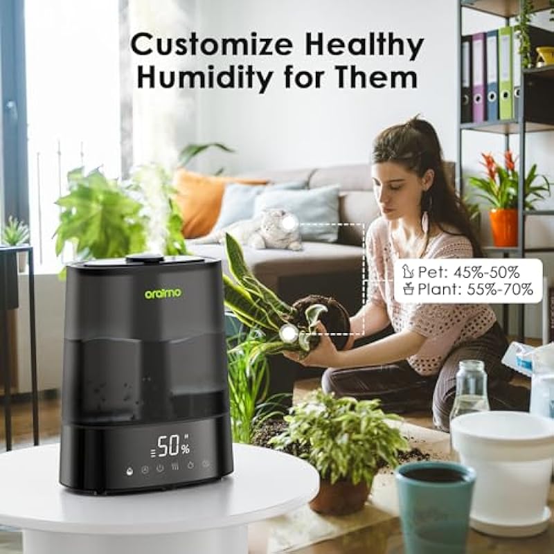 Oraimo Humidifiers for Bedroom Large Room, 6L Top Fill Cool and Warm Mist Humidifier, Max 700ml/H, Automatic Smart Humidifier Efficient, Essential Oil Diffuser, Quiet Sleep Mode, Timer, Remote Control