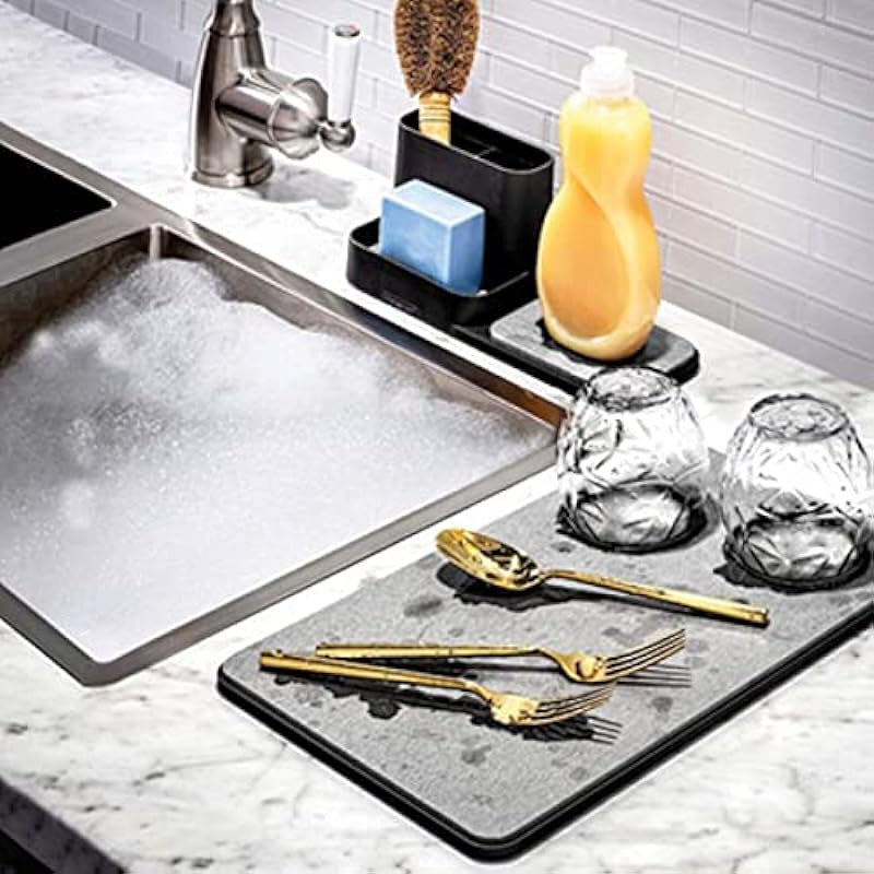 madesmart Dish Mat-Granite, Drying Stone Collection, Accelerates Moisture Evaporation, Natural & Mineral Materials, Non-Slip Base, Gray