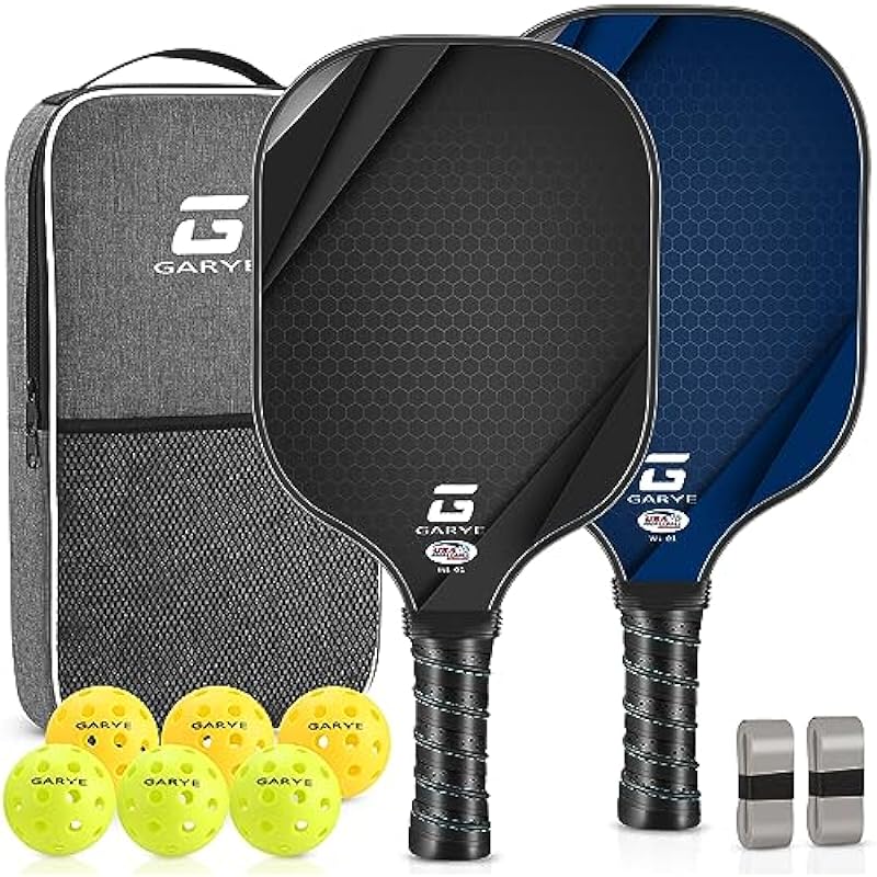 GARYE Pickleball Paddles Set of 2, USAPA Approved Carbon Fiber Pickleball Set, Lightweight Graphite Pickle Ball Rackets 2 Pack with 6 Balls, 1 Pickleball Bag, Pickle Ball Paddle Set