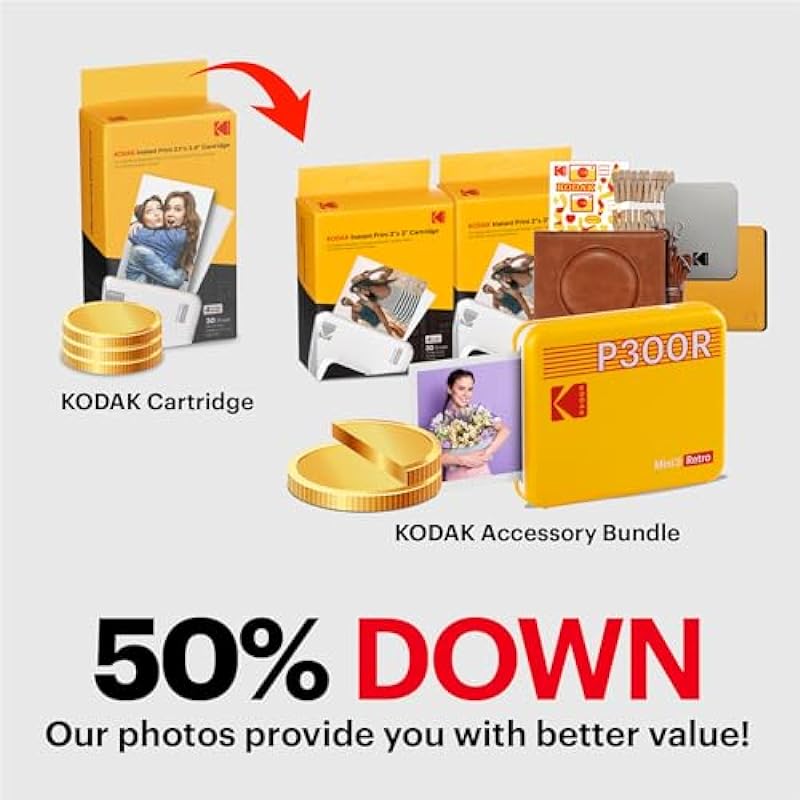 KODAK Mini 3 Retro 4PASS Portable Photo Printer (3×3 inches) + 68 Sheets Gift Bundle, Black