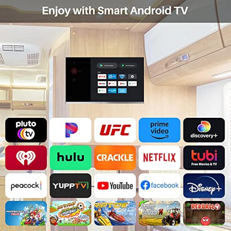 SYLVOX Smart RV TV, 24 inch TV with DVD Player Built-in, 12 Volt TV for RV Camper 1080P FHD, Android Smart Free Download APPs, Support WiFi Bluetooth, 2 HDMI & 2 USB, AC/DC Powered, Frameless Design