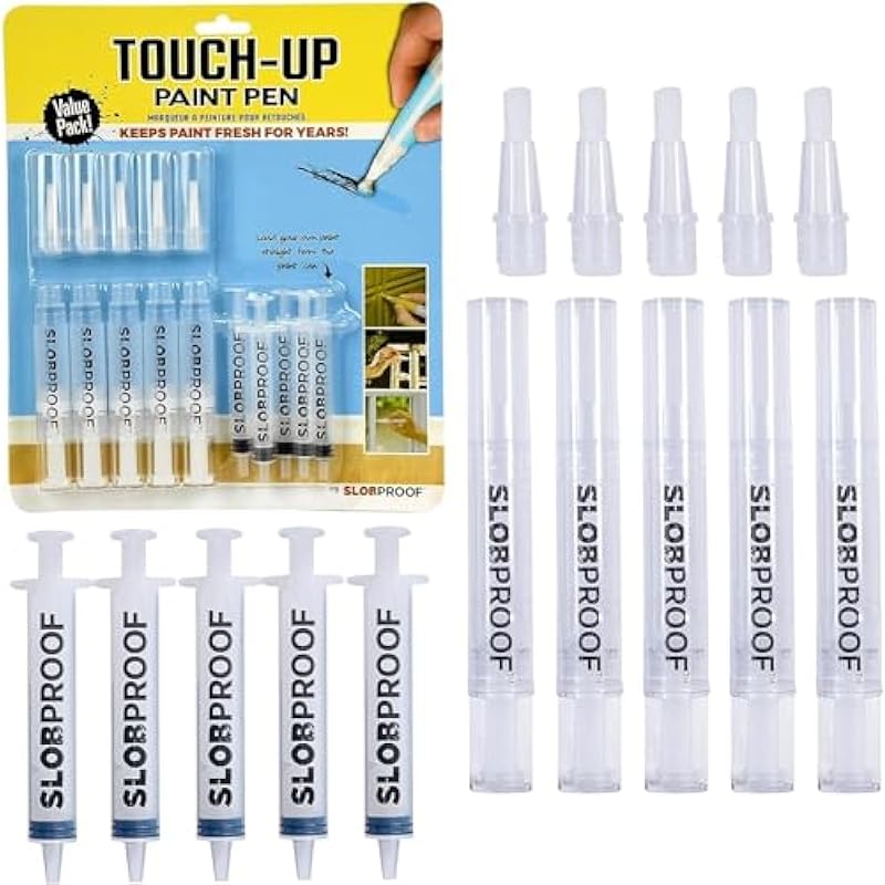 Slobproof Touch Up Paint Pen | Fills with Any Paint for Color-Matched Paint Touchups to Scuffed Walls and Trim | Keeps Acrylic Paint Fresh for At Least 7 Years | Includes 5 Fine Brush-Tips, 5-Pack