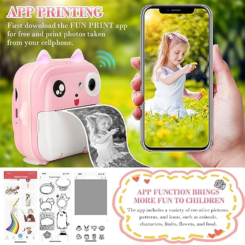 Kids Camera Instant Print Toddler Digital Camera Zero Ink Photo Cameras with 1080P HD Video Camera, 2.4 Inch IPS Screen Printing Instant Camera with 3 Rolls Photo Paper, 5 Color Pens and 32GB Card