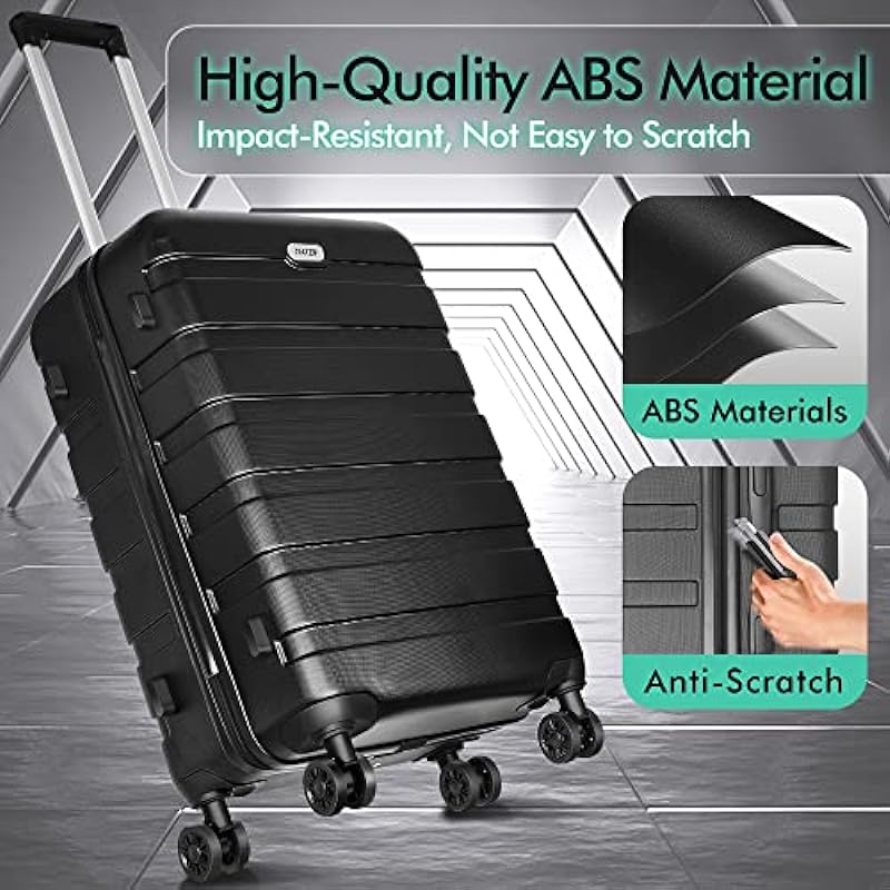 AnyZip Luggage PC ABS Hardside Lightweight Suitcase with 4 Universal Wheels TSA Lock Checked-Medium 24 Inch（Black）