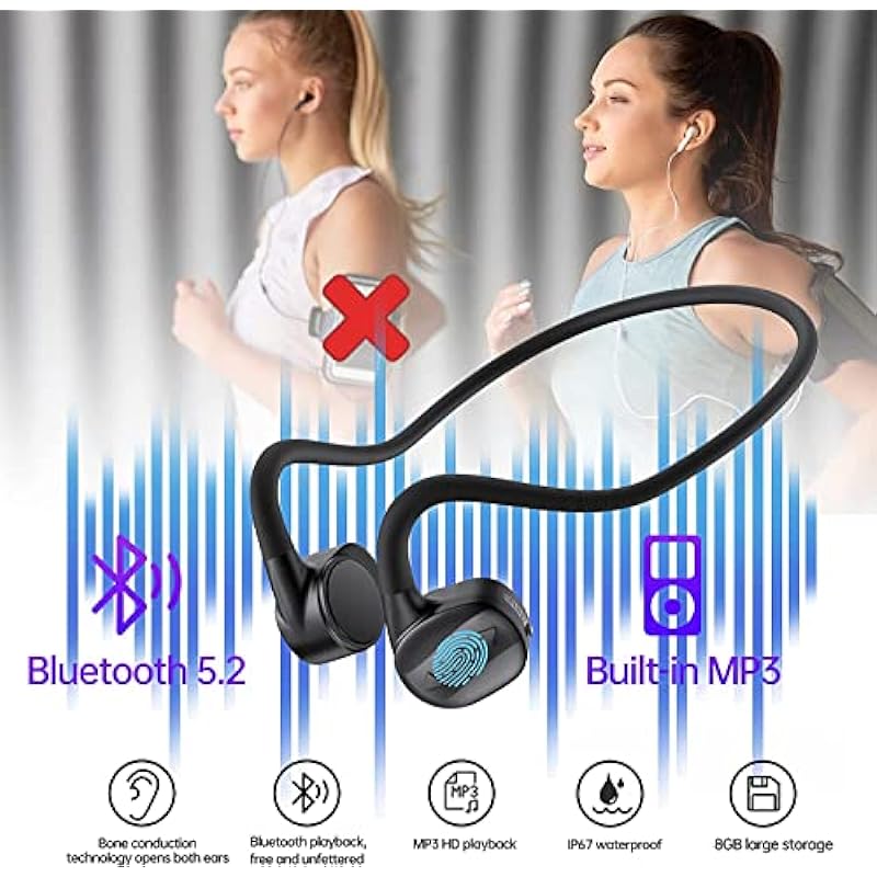 Bone Conduction Headphones, RALYIN MP3 Player Bluetooth Headphones, IPX7 Waterproof Headphones Built in 8G Memory/Mic, Open Ear Earphones Wireless Bluetooth Headset for Sports Running Driving Fitness