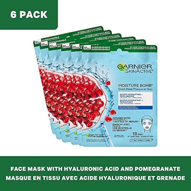 Garnier Moisture Bomb Super Hydrating Sheet Mask with Hyaluronic Acid and Pomegranate, 6 Pack, 6 x 28 g