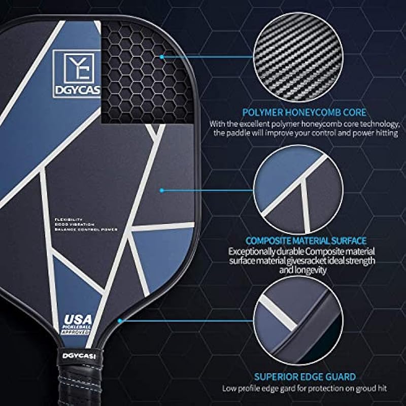 YC DGYCASI Graphite Pickleball Paddles Set of 2, 2024 USAPA Approved, Carbon Fiber Surface (CHS), Polypropylene Honeycomb Core, Anti-Slip Sweat-Absorbing Grip, 4 Pickleball, Portable Carry Bag