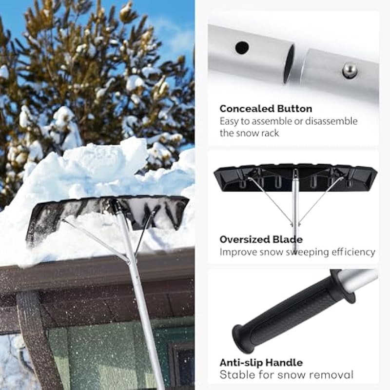 Goture 2Packs 20ft Snow Roof Rake, Aluminum Telescopic Snow Rake for Roof, Lightweight Roof Snow Removal Tool with 25″ Wide Poly Blade, Anti-Skid Handle – Ideal for Single Storey & Cabins