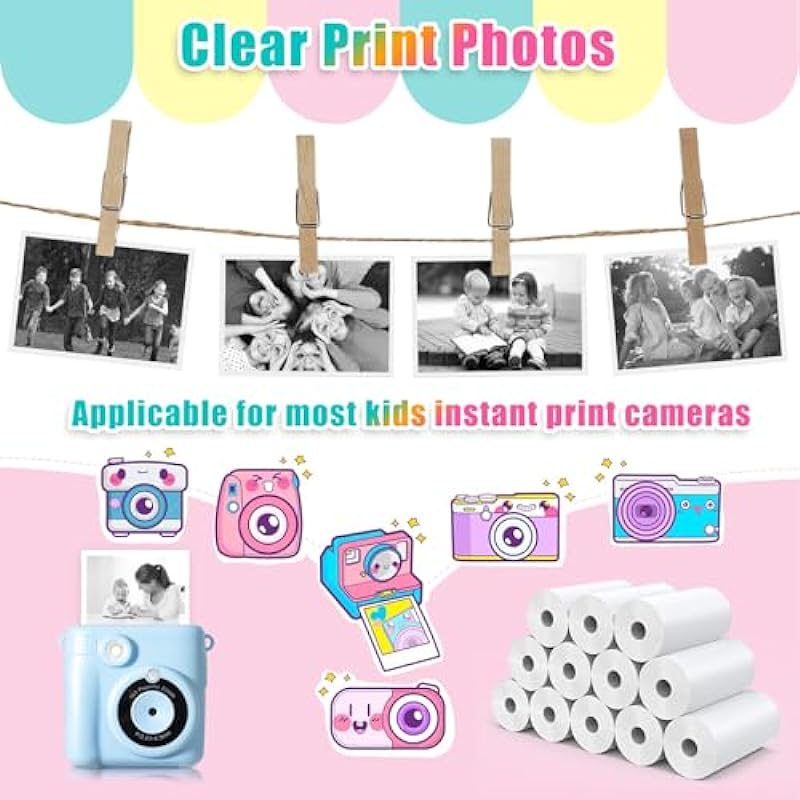 12 Rolls Instant Print Camera for Kids Refill Print Paper – Hikkon Thermal Print Paper Rolls Photo Print HD Printing for Most Kids Instant Camera (White)