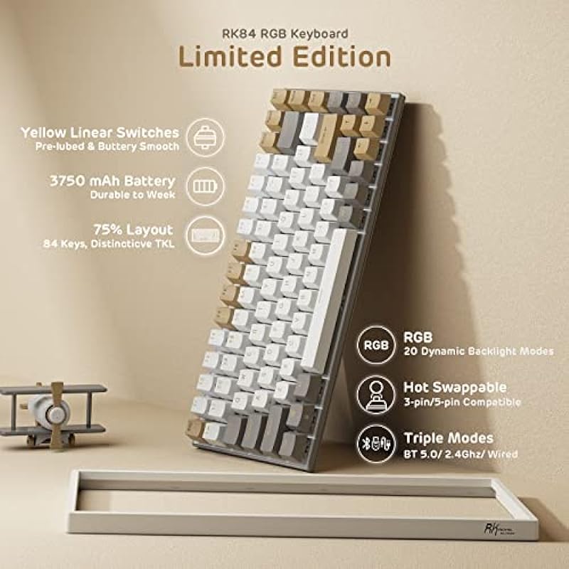 RK ROYAL KLUDGE RK84 RGB Limited Edition, 75% Triple Mode BT5.0/2.4G/USB-C Hot Swappable Mechanical Keyboard, 84 Keys Wireless Bluetooth Gaming Keyboard, RK Yellow Switch, Macchiato White