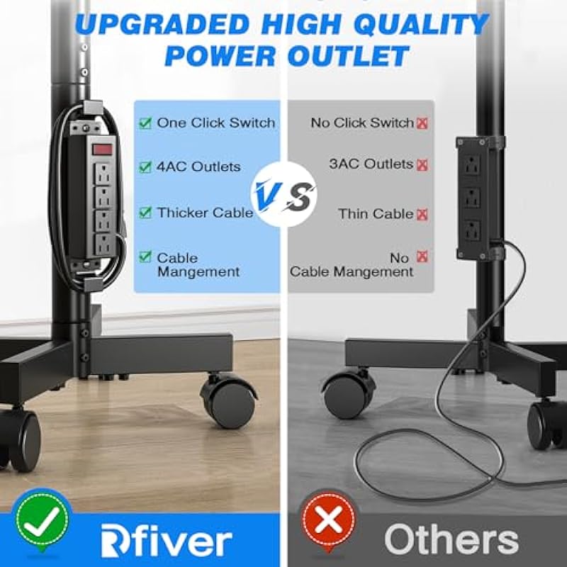 Rfiver Mobile TV Cart with Power Outlet, Rolling TV Stand for 23-60 Inch LCD LED OLED Flat Panel Curved Screen TVs up to 88 lbs, Height Adjustable Portable TV Stand with Wheels, Max VESA 400x400mm