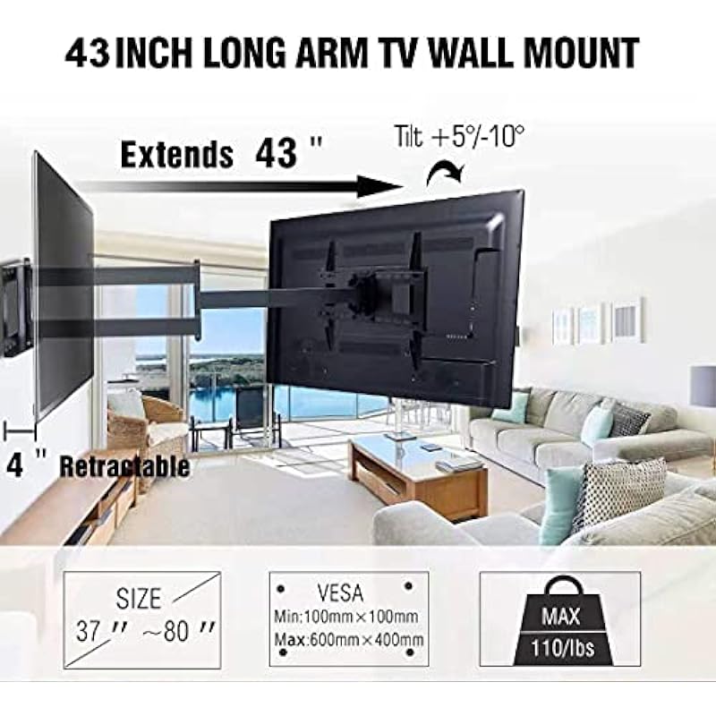 FORGING MOUNT Long Extension TV Mount Full Motion Wall Bracket with 42 inch Long Arm Articulating TV Wall Mount for 37 to 80 Inch Flat/Curve TVs, VESA 600x400mm Compatible, Holds up to 110 lbs