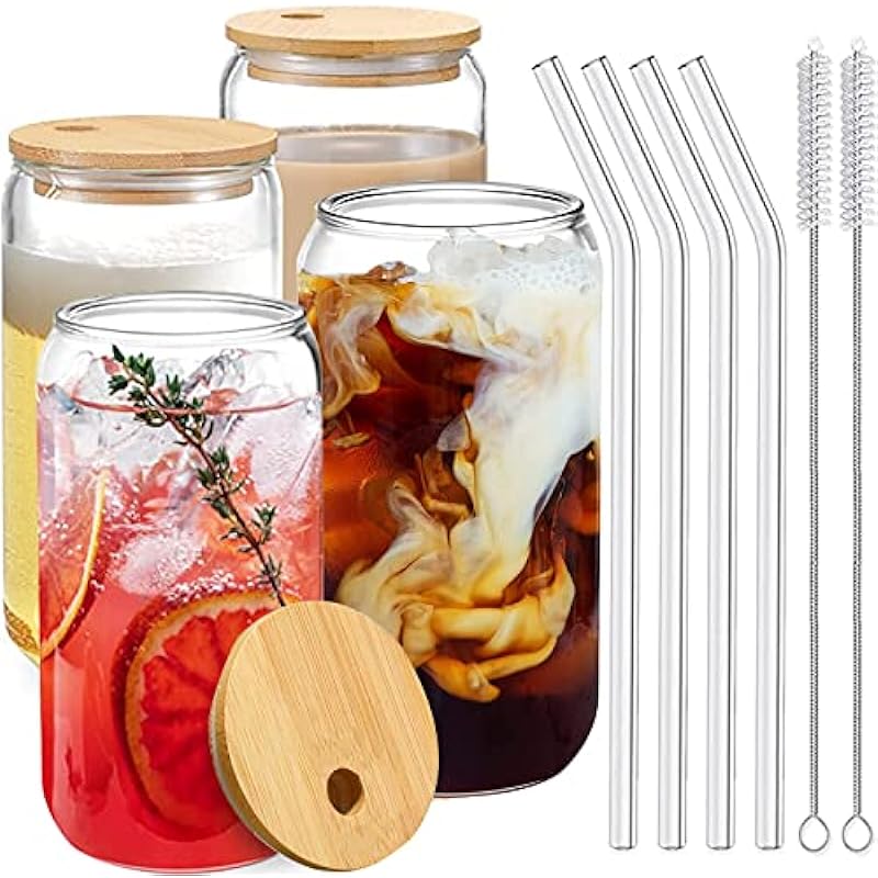 Drinking Glasses with Bamboo Lids and Glass Straw 4pcs Set, 16oz Can Shaped Glass Cups, Beer Glasses, Iced Coffee Glasses, Cute Tumbler Cup, Ideal for Whiskey, Soda, Tea, Water, Gift