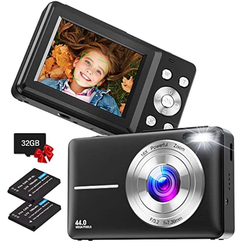 Digital Camera, Nsoela FHD 1080P 44MP Kids Camera with 32GB Card, Compact Point and Shoot Camera, 16X Digital Zoom Vlogging Camera, Portable Mini Kids Camera for Teens Students (Black)