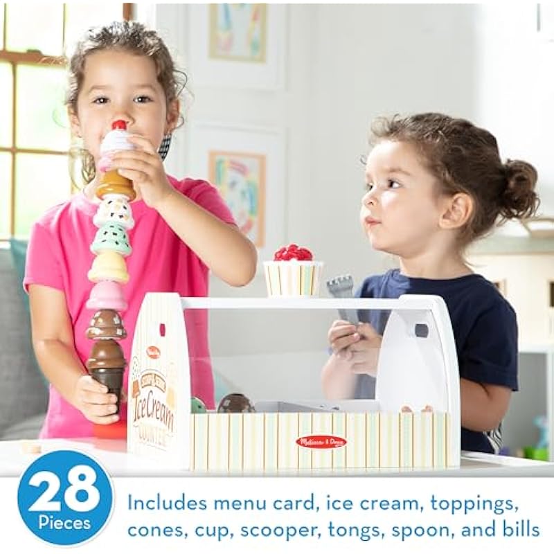 Melissa & Doug Wooden Scoop and Serve Ice Cream Counter (28 pcs) | Play Food and Accessories | Pretend Food, Ice Cream Toys, Ice Cream Shop Toys For Kids Ages 3+