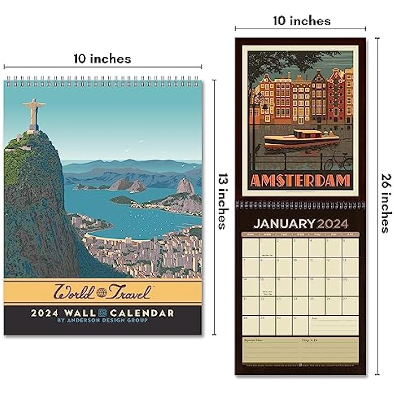 Americanflat 2024 Calendar – World Travel Destinations Design – Large Wall Calendar with Monthly Format – Hanging Monthly Calendar Planner – 10×26 Inches When Open