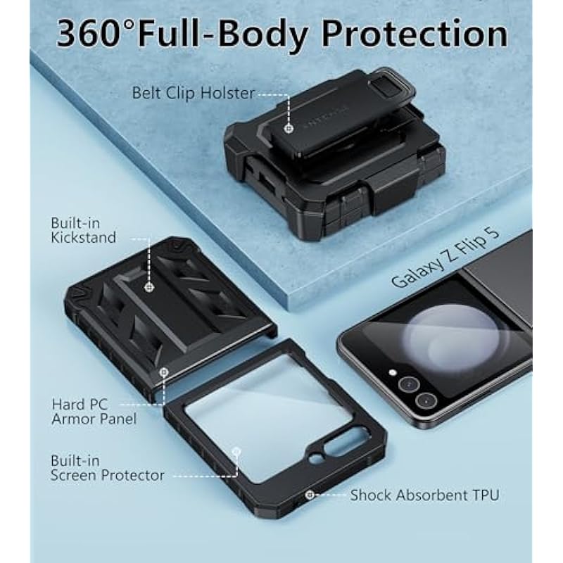 FNTCASE for Samsung Galaxy Z-Flip-5 Case: Military Grade Drop Protection Shockproof Hard Phone Cover with Kickstand | Rugged Protective Holster Belt Clip TPU | Matte Cases