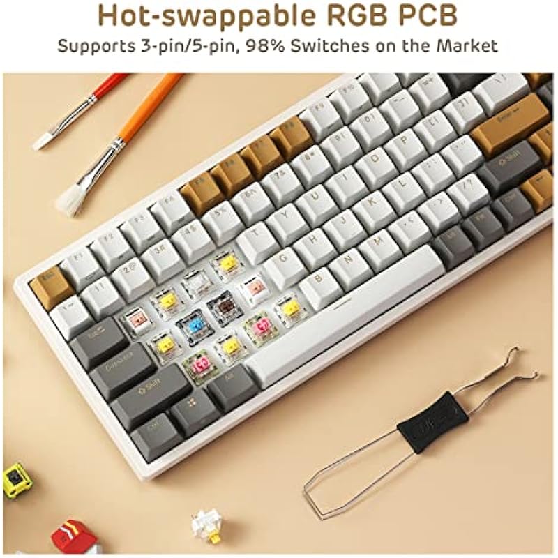 RK ROYAL KLUDGE RK84 RGB Limited Edition, 75% Triple Mode BT5.0/2.4G/USB-C Hot Swappable Mechanical Keyboard, 84 Keys Wireless Bluetooth Gaming Keyboard, RK Yellow Switch, Macchiato White