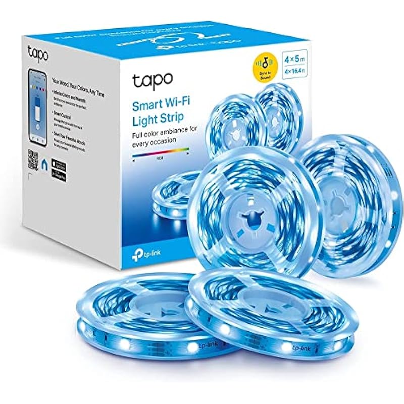 TP-Link Tapo Smart LED Light Strip,16M RGB Colors with Music Sync,65.6ft(4 Rolls of 16.4ft) Wi-Fi LED Lights Works w/Alexa & Google Assistant, Trimmable, No Hub Required, 2 Yr Warranty (Tapo L900-20)