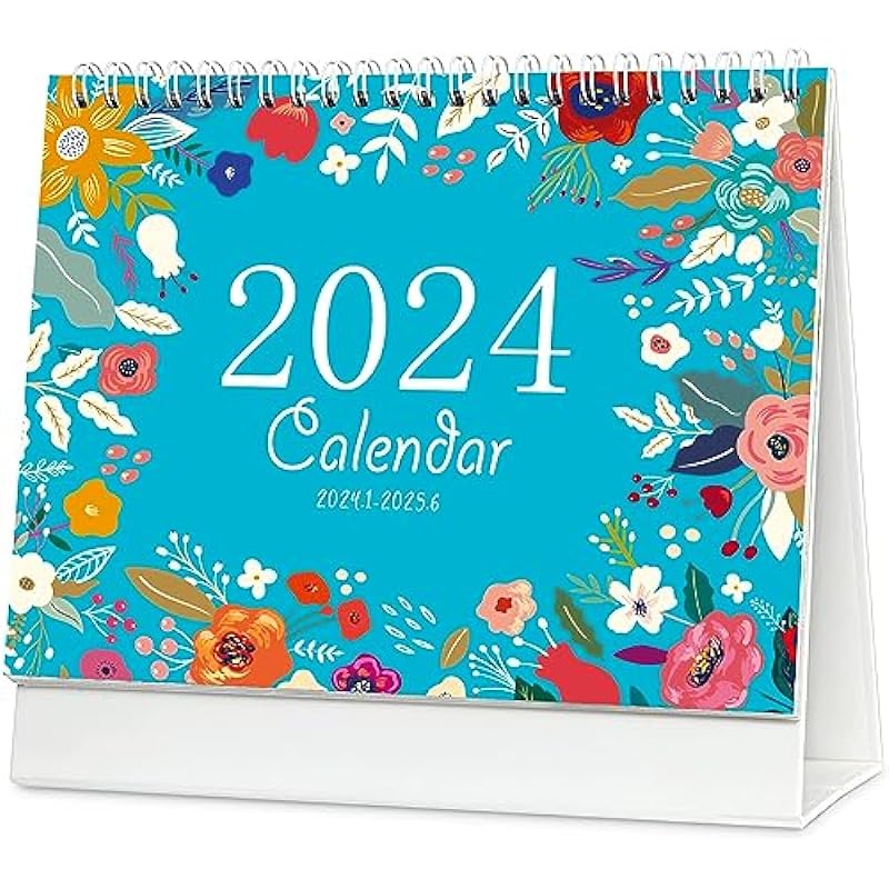 Desk Calendar 2024-2025, Creative Floral 8.66” x 7.05” Desktop Calendar Runs from Jan. 2024 until Jun. 2025, Monthly Table Calendar for Scheduling in Office, Home and School – Blue