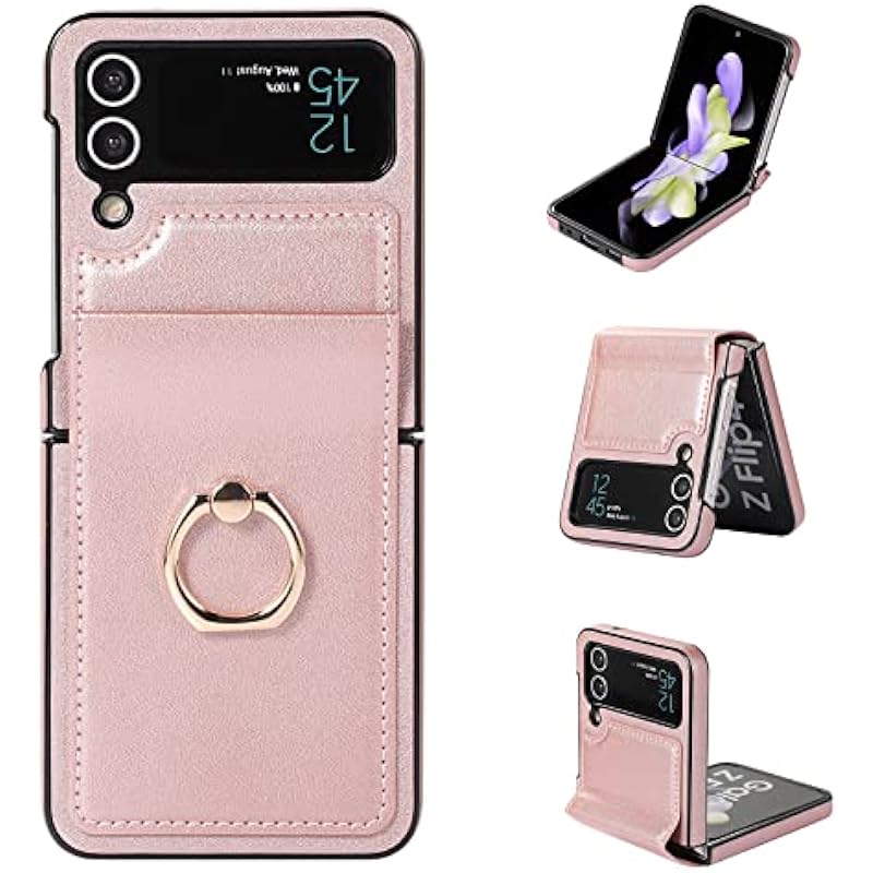 Phone Case for Samsung Galaxy Z Flip 4 5G 2021 Cover with Hinge Protection Ring Holder Stand Slim Shockproof Shell PU Leather Protective Cell Accessories ZFlip4 Z4 Flip4 4Z Flip4case Women Rose Gold