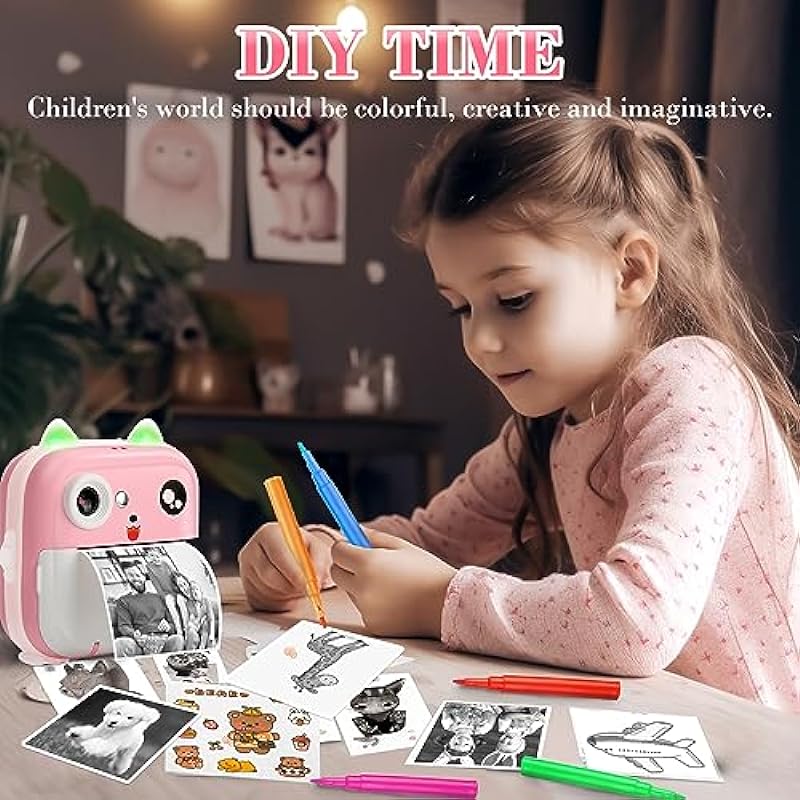 Kids Camera Instant Print Toddler Digital Camera Zero Ink Photo Cameras with 1080P HD Video Camera, 2.4 Inch IPS Screen Printing Instant Camera with 3 Rolls Photo Paper, 5 Color Pens and 32GB Card