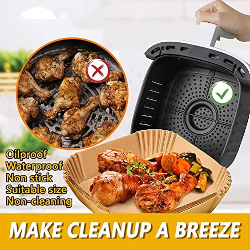 Air Fryer Disposable Paper Liner Square, 7.9 Inch Air Fryer Parchment Paper Liners 100 PCS, Air Fryer Liners Non-Stick Oil Resistant, Waterproof, Food Grade Baking Paper for Roasting Microwave