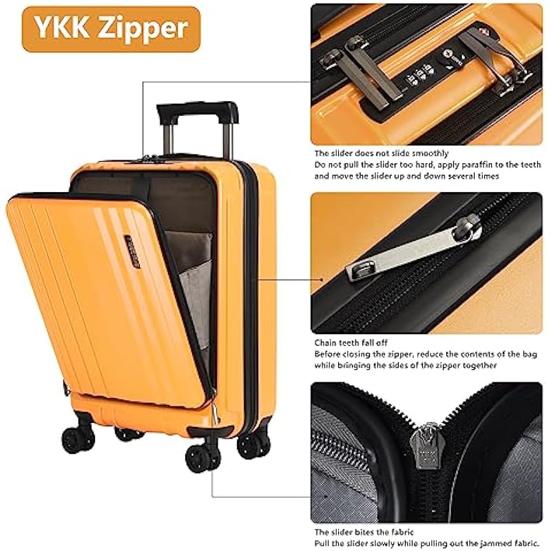Carry On 55x35x23cm Cabin Luggage 20″ with Front Compartment, Lightweight ABS+PC with Dual Control TSA Lock, YKK Zipper, 4 Silent Wheels, Orange