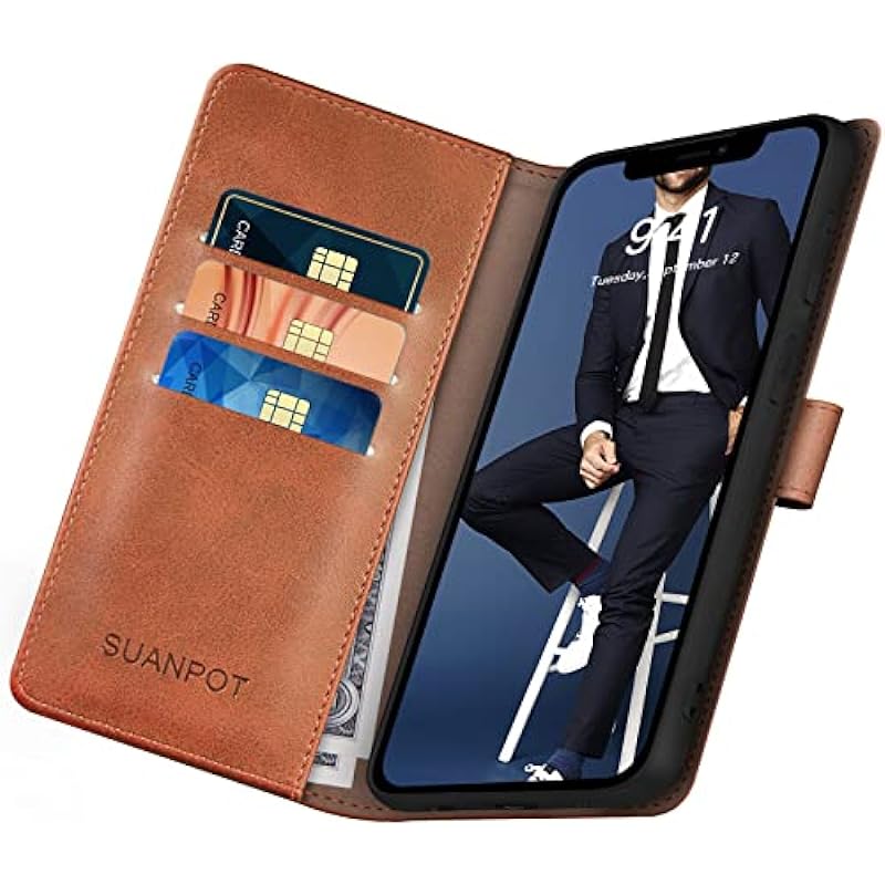 SUANPOT for iPhone 14 6.1″ Wallet case with RFID Blocking Credit Card Holder,Flip Book PU Leather Protective Cover Women Men for Apple 14 Phone case Light Brown