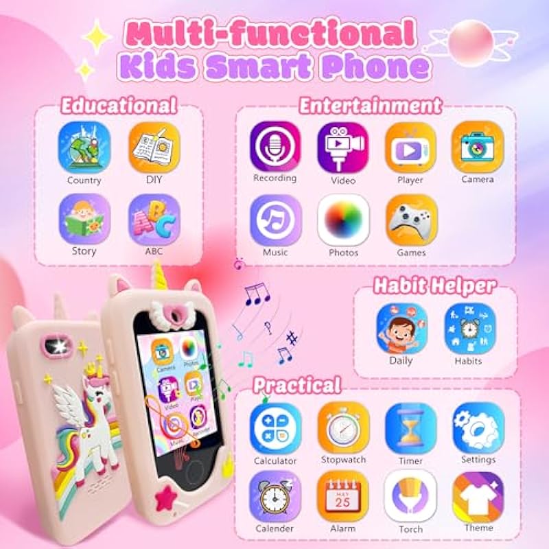 Kids Smart Phone Toys, AOOKYMEL Unicorns Gifts for Girls Age 6-8, Touchscreen MP3 Player Learning Toys with Dual Camera, Chrismas Birthday Gifts for 3 4 5 7 9 Years Old Kids with 8G SD Card (PH05)